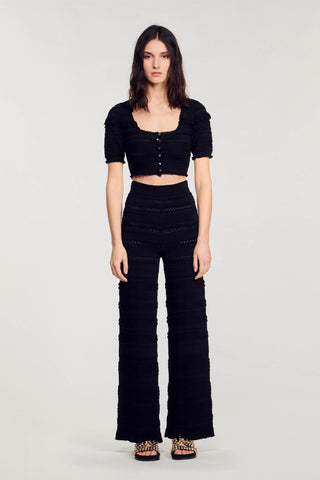 Black Textured Knit Ruffle Crop Top & High-Waist Wide-Leg Pants Set