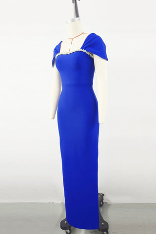 Fitted Bandage Long Dress with Cape Sleeves and Rhinestone Detail