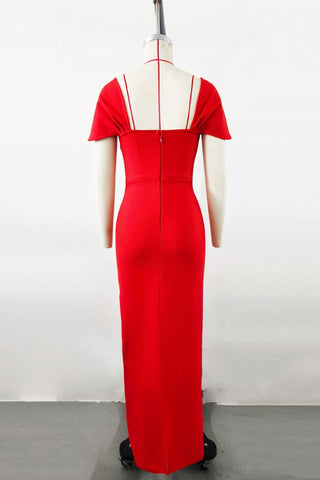 Fitted Bandage Long Dress with Cape Sleeves and Rhinestone Detail