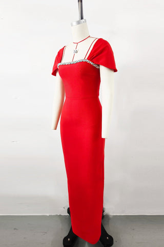 Fitted Bandage Long Dress with Cape Sleeves and Rhinestone Detail