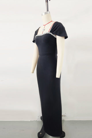 Fitted Bandage Long Dress with Cape Sleeves and Rhinestone Detail