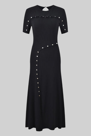 Half-Sleeve Knit Midi Dress with Curved Button Detailing