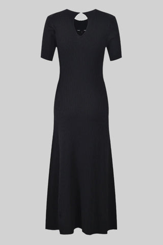 Half-Sleeve Knit Midi Dress with Curved Button Detailing