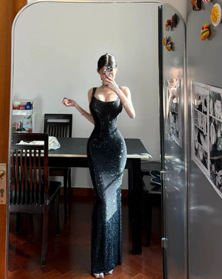 Sleeveless Rhinestone Mesh Bodycon long Dress with Open Back