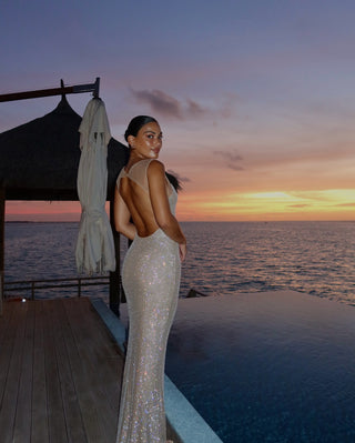 Sleeveless Rhinestone Mesh Bodycon long Dress with Open Back