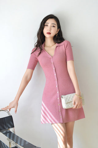 Fitted Knitted Short Sleeve Polo Mini Dress with Shimmering Button Front and Soft Stretch
