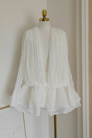 Sleeveless Ruffled Lace Mini Dress with V Neck See Through Top and Inner Shorts