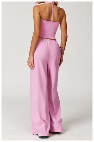 Sport Halter Neck Padded Crop Top with Wide Leg High Stretch Pants Set