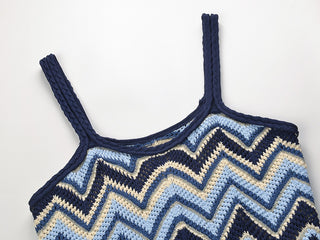 Sleeveless Knitted Long Dress with Zigzag Pattern and Square Neckline