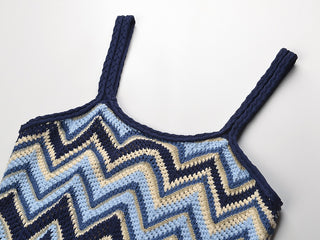 Sleeveless Knitted Long Dress with Zigzag Pattern and Square Neckline