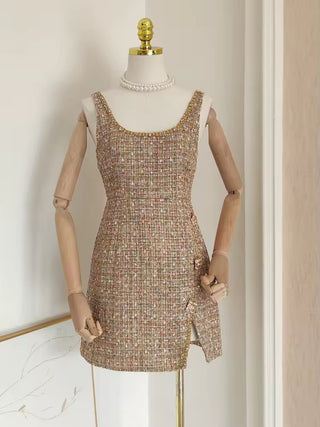 Tweed Luxe Pearl Button Mini Dress – Rose &  Gold Edition