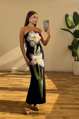 Strapless Floral Embroidered  Multicolor 3D Appliqué Slim Fit Long Dress
