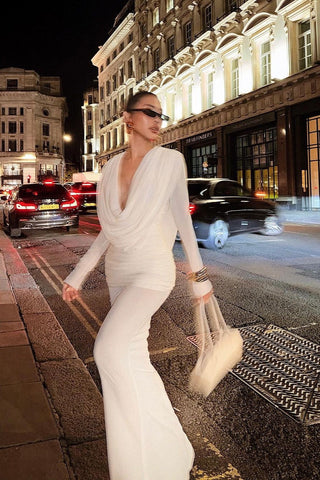 Alba Drape-Back Long Sleeve Long Dress – White Jersey Ruched Gown