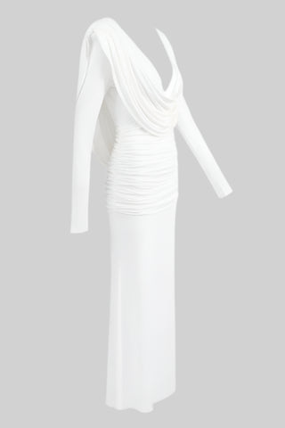 Alba Drape-Back Long Sleeve Long Dress – White Jersey Ruched Gown