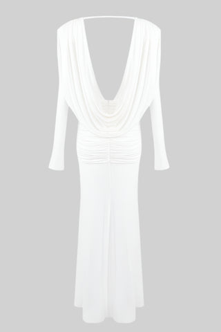 Alba Drape-Back Long Sleeve Long Dress – White Jersey Ruched Gown