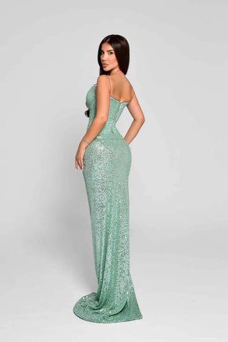 Mint Sequin Bodycon Long Dress with Spaghetti Straps and Thigh-High Slit