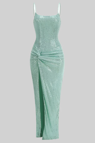 Mint Sequin Bodycon Long Dress with Spaghetti Straps and Thigh-High Slit