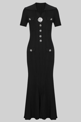 Short Sleeve Knit Long Dress with Rhinestone Buttons and Collar