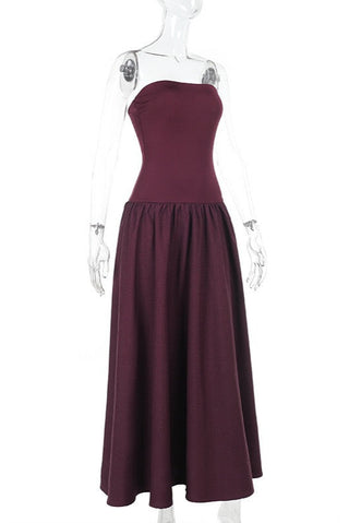 Strapless Long Dress with Fitted Bodice and Flared Skirt.