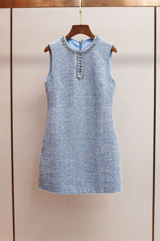 Sleeveless Tweed Sequin Mini Dress with Embellished Neckline