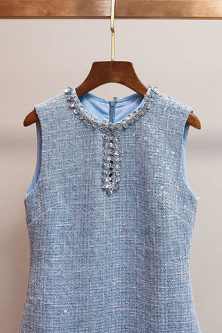Sleeveless Tweed Sequin Mini Dress with Embellished Neckline