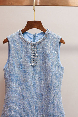 Sleeveless Tweed Sequin Mini Dress with Embellished Neckline