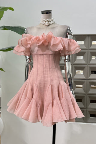 Off-Shoulder Mini Dress with Ruffle Trim and Flared Skirt