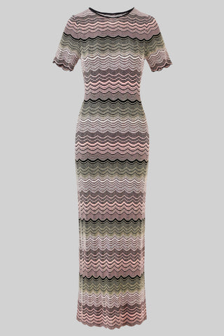 Wave Knit Short Sleeve Bodycon Midi Dress