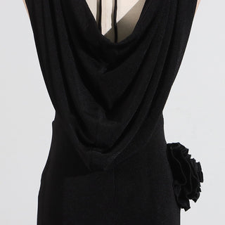 Long Sleeveless Halter Neck Dress with Rosette Detail in Stretch Fabric