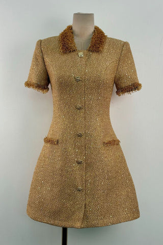Gold Sequin Tweed Mini Dress with Beaded Fringe and Embellished Buttons