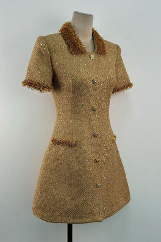 Gold Sequin Tweed Mini Dress with Beaded Fringe and Embellished Buttons