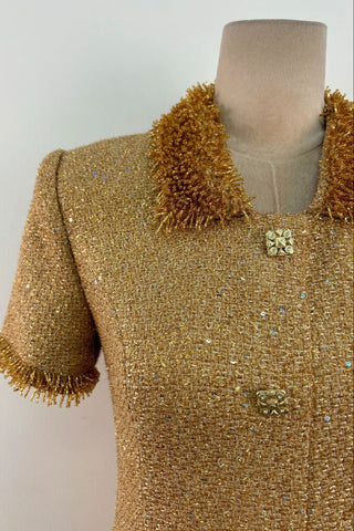 Gold Sequin Tweed Mini Dress with Beaded Fringe and Embellished Buttons