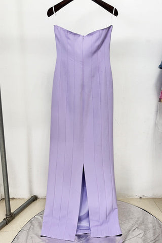 Strapless Lavender Beaded Long Crepe Dress with Fringe Embellishments