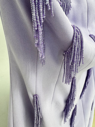 Strapless Lavender Beaded Long Crepe Dress with Fringe Embellishments