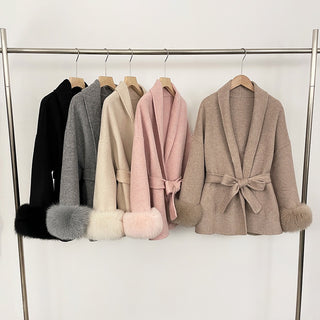 Belted Wool Wrap Coat with Faux Fur Cuffs and Shawl Collar
