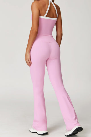 Contrast Trim Racerback Sports Set – Crop Tank & Flared High-Waist Leggings