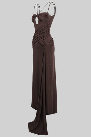 Mocha Draped Sleeveless Backless Long  with Double Straps & Thigh-High Slit