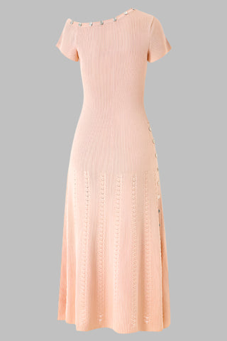Button Neck Short Sleeve Flare Midi Dress in Ribbed Knit Fabric