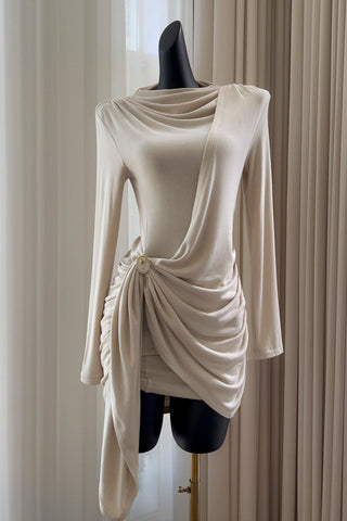 Cream Long-Sleeve Draped Mini Dress with Rhinestone Detail