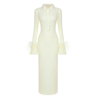 Feather Cuff Long Sleeve Bandage Long Dress