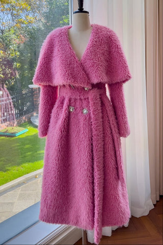 Pink Faux Fur Midi Coat with Oversized Collar
