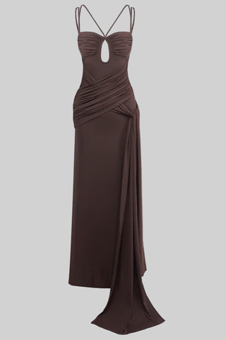 Mocha Draped Sleeveless Backless Long  with Double Straps & Thigh-High Slit