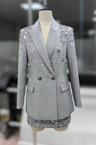 Embellished Grey Blazer & Skirt Set - Sequin-Studded