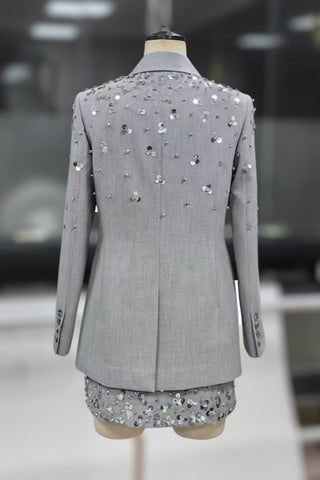 Embellished Grey Blazer & Skirt Set - Sequin-Studded