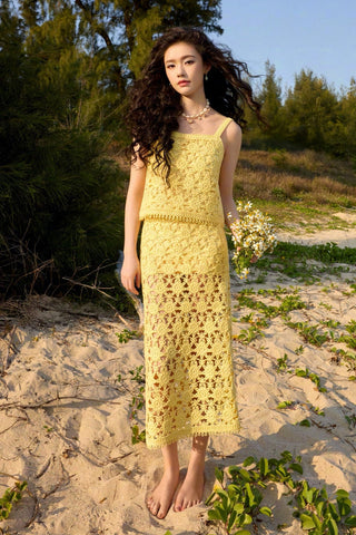 Sunshine Bloom Crochet Lace Camisole & A-Line Midi Skirt Set