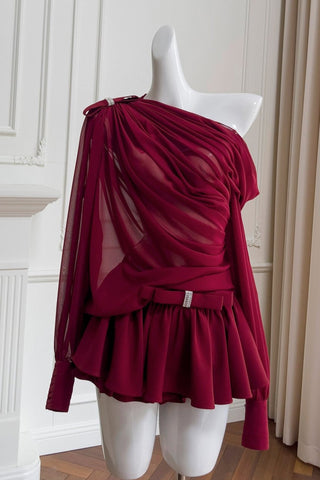 Elegant Long-Sleeve Oblique Shoulder Sheer Top and Skort Set