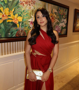 One-Shoulder Draped Long Dress with Side Cutout & Gold Ring Design