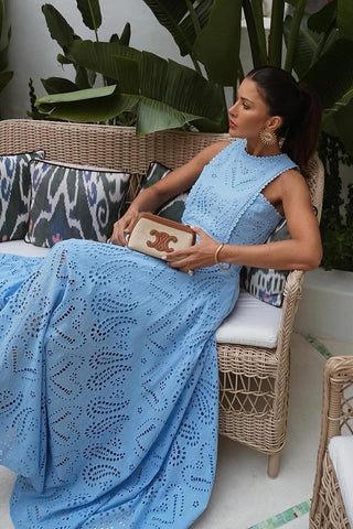 Sky Bloom Embroidered Eyelet Set  Round Neck Crop Top & High-Waist Maxi Skirt
