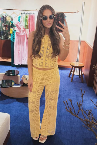 Sunflower Lace Embroidered Hollow Knit Sleeveless Button Up Top & Flared Pants Set