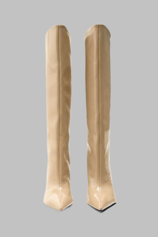 Glossy High-Shine Patent Leather Pointed Toe Knee Boots